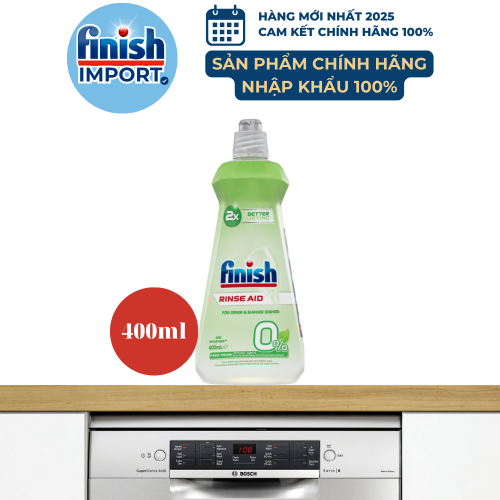 Chai 400ml nước làm bóng Finish Ecolabel EU, hỗ trợ sấy khô chén, thân thiện môi trường, an toàn cho gia đình có trẻ nhỏ